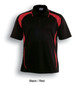A black and red unisex polo shirt featuring short sleeves and a logo on the chest.