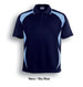 A navy and sky blue unisex sports polo shirt featuring a logo on the chest.