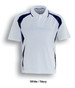 A white and navy unisex polo shirt featuring mesh panels and a collar, with a logo on the front.