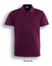 A burgundy men's basic polo shirt featuring a collared neck and short sleeves, with a branding logo.