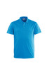 A bright blue men's basic polo shirt, featuring a collar and three buttons, with a logo on the chest.
