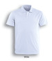 A white men's basic polo shirt featuring a collar and three-button placket, with a subtle logo.