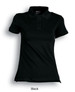A black fitted cotton and spandex polo shirt featuring a classic collar and buttons, with a logo detail.