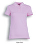 A light pink fitted polo shirt made of cotton and spandex, featuring a collar and buttons, with a branding logo.