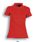 A fitted polo shirt in red made from cotton and spandex, featuring a collar and short sleeves. It has a logo.