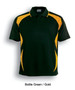 A bottle green polo shirt featuring gold accents and a logo. Suitable for sports uniforms.