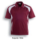 A burgundy sports polo with white accents and a branded logo. Suitable for kids' sports uniforms.