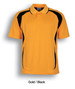 A gold and black polo shirt featuring short sleeves and a collar, designed for sports uniforms with a logo.