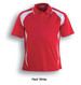 A red and white sports polo with a logo, featuring a classic collar and short sleeves.