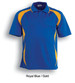 A royal blue polo shirt featuring gold accents and a logo. Suitable for sports uniforms or casual wear.