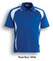 A royal blue and white sports polo shirt with a branded logo, featuring a classic collar and short sleeves.