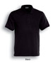A black classic polo shirt with a collared neckline and short sleeves, featuring a logo.