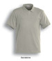 A sandstone-coloured classic polo shirt with a collared neckline and short sleeves, featuring a logo.