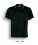 A black short sleeve polo shirt featuring gold accents and a logo.