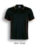 A black polo shirt with orange detailing and a logo, featuring short sleeves and a classic collar.