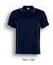 A navy polo shirt with lime accents and a branded label on the collar. Short sleeves and a classic fit design.