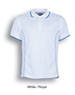 A white polo shirt with royal blue accents and a logo, featuring short sleeves and a collar.