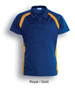 A royal blue and gold men's short sleeve polo shirt with contrast panel detailing and a logo.