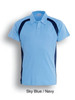 A short sleeve polo shirt in sky blue with navy contrast panels and a logo on the chest.