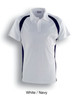 A short sleeve polo shirt in white with navy contrast panels, featuring a collar and a logo.