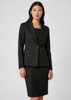 A black mid-length women's blazer with a single button, styled with a matching fitted skirt, featuring pockets and a logo.