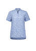 A blue and white tunic with a stardust print, featuring short sleeves and a v-neck design. Includes pockets and a logo.