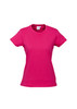 A pink women's short sleeve tee with a classic fit and a logo on the label.