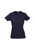 A women's short sleeve tee in navy blue with a fitted design and a logo on the front.