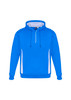 A blue unisex hoodie with a white side design and a front zip. It has a hood and a logo on it.
