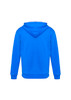 A blue hoodie with a kangaroo pocket and hood, featuring a logo on the back.