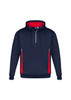 A navy unisex hoodie with red accents and a zippered collar, featuring a drawstring hood and a logo.