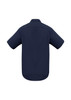 A navy short sleeve button-up shirt with a smooth back design and no visible logos.