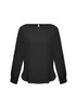 A black women's Madison boatneck top with long sleeves and a subtle curved hem. Features a back keyhole detail.
