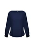 A navy women's boatneck top featuring long sleeves and a relaxed fit, with a small logo at the back.