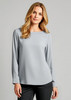 A light grey women's boatneck top with long sleeves, featuring a subtle logo on the front.