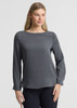 A grey women's boatneck top with long sleeves, featuring a simple design and a subtle branding element.