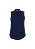 A sleeveless women's top in navy blue with a classic collar and a slightly curved hem. Features a logo.