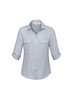 A light grey women's button-up long sleeve shirt with two chest pockets and rolled-up sleeves.