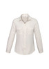A women's button-up shirt in cream, featuring a collar and two front pockets. The shirt has long sleeves.