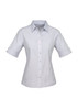 A light grey short-sleeve button-up shirt with a collar and rolled sleeves. It features a logo on the chest.