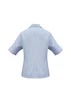 A light blue women's button-up shirt with short sleeves and a back view. Features a logo on the upper back.