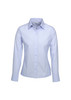 A light blue button-up shirt with long sleeves and a collar, featuring a logo on the front.
