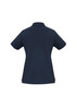 A navy short sleeve polo shirt featuring a collar and a brand logo on the fabric.