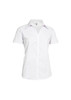 A white short sleeve button-up shirt for women, featuring a classic collar and a logo on the chest.