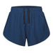 Navy women's double layer sports shorts with an elastic waistband and drawstring. Features side mesh panels and logo.