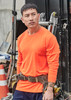 An orange long sleeve tee with a fitted design, suitable for safety wear, worn by a man on a construction site.