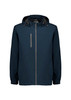 A navy unisex super light packable rain jacket with a hood and adjustable features, featuring a logo.
