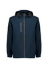 A navy unisex super light packable rain jacket with a hood and adjustable features, featuring a logo.
