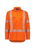 Hi-vis orange shirt featuring segmented reflective tape across the chest and arms, with two front pockets and a logo.