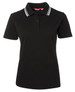 A black polo shirt featuring a checkered collar, designed for women in chefwear. It has a logo on the fabric.